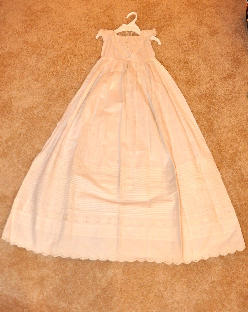 Antique Christening Gown Very Long 44 English With Tucks and Broderie Anglaise Hand Needlework