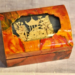 Chinese Jewelry or Trinket Box With Cork Art Diorama on Lid Lacquered Wooden Box Red Silk Lining Chinese Village Diorama Handmade Vintage image 1