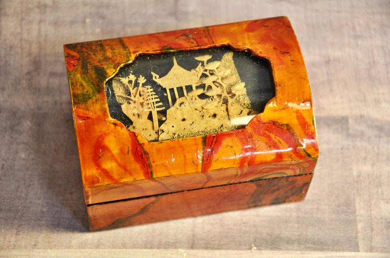 Chinese Jewelry or Trinket Box With Cork Art Diorama on Lid Lacquered Wooden Box Red Silk Lining Chinese Village Diorama Handmade Vintage image 1