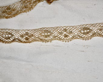 1 Yard Antique Real Metal Gold & Silver Metallic Lace Trim Scallop Edge French 3/4&quot; Wide Victorian Edwardian Millinery Authentic Bullion