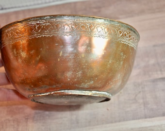 Antique Tinned Copper Bowl: Engraved Egyptian Moroccan Decor