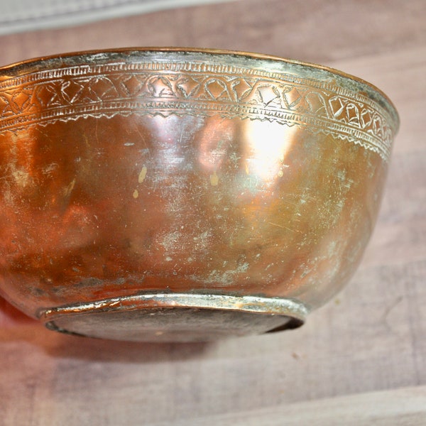 Antique Copper Tinned Large Bowl Footed Engraved C. Late 18th to Early 19th Century Egyptian Moroccan Persian Afghanistan Collectible RARE