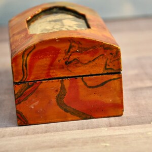 Chinese Jewelry or Trinket Box With Cork Art Diorama on Lid Lacquered Wooden Box Red Silk Lining Chinese Village Diorama Handmade Vintage image 5