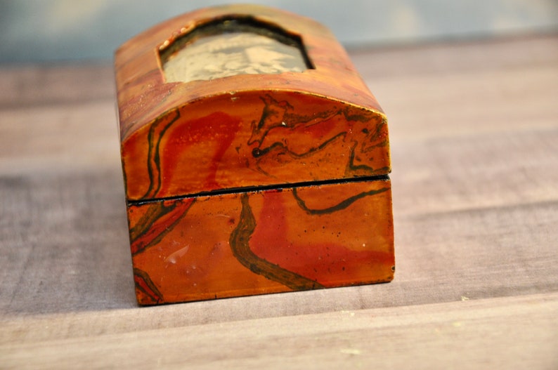 Chinese Jewelry or Trinket Box With Cork Art Diorama on Lid Lacquered Wooden Box Red Silk Lining Chinese Village Diorama Handmade Vintage image 5