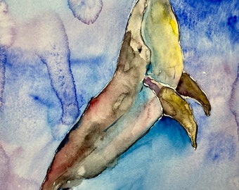 Blue whale illustration, original watercolor painting on cotton paper
