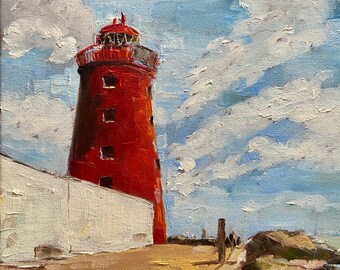 Poolbeg Lighthouse on the sea, Dublin Landscape, original oil painting on cotton wrapped canvas - Irish Farm Art