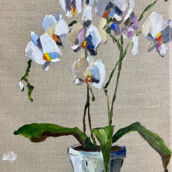 Peinture à l'huile originale d'orchidée sur toile de lin naturel