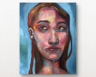 May include: A painting of a person's face with a blue background. The person has long brown hair and is looking to the left. The painting is done in a realistic style with a focus on the person's facial features.