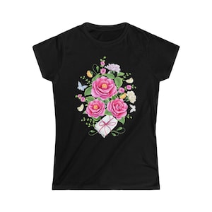 Camellia Floral T-Shirt, Botanical Print T-Shirt, Gift for Her, Watercolor Bouquet Art Print Softstyle Tee for Women