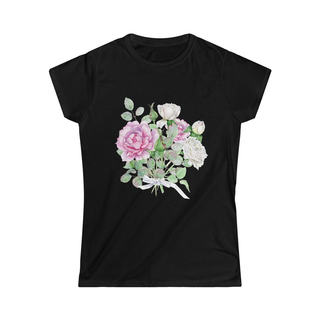 Pink White Roses Floral T-shirt, Botanical Print T-shirt, Gift for Her ...