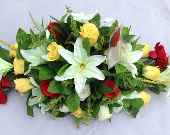 Coffin Spray Artificial Silk Funeral Flower Casket Topper Memorial ArrangementTribute Rose