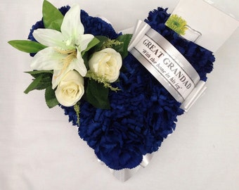 Heart Artificial Silk Funeral Flower Wreath Faux Tribute Arrangement Any Colour Personalised Grandad Uncle Dad