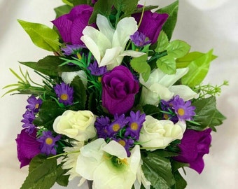 Artificial Silk Flower Grave Pot Arrangement Flat Back Rose Lily Purple Daisy Memorial Flowers Tribute  Mum Gran Wife Nan Dad