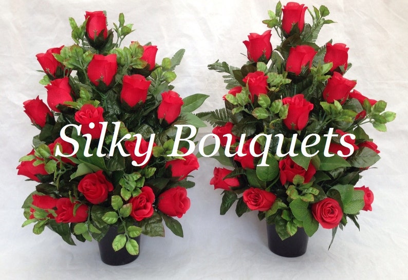 Grave Pot Flowers Artificial Silk Floral Arrangement Memorial Tribute Faux Rose