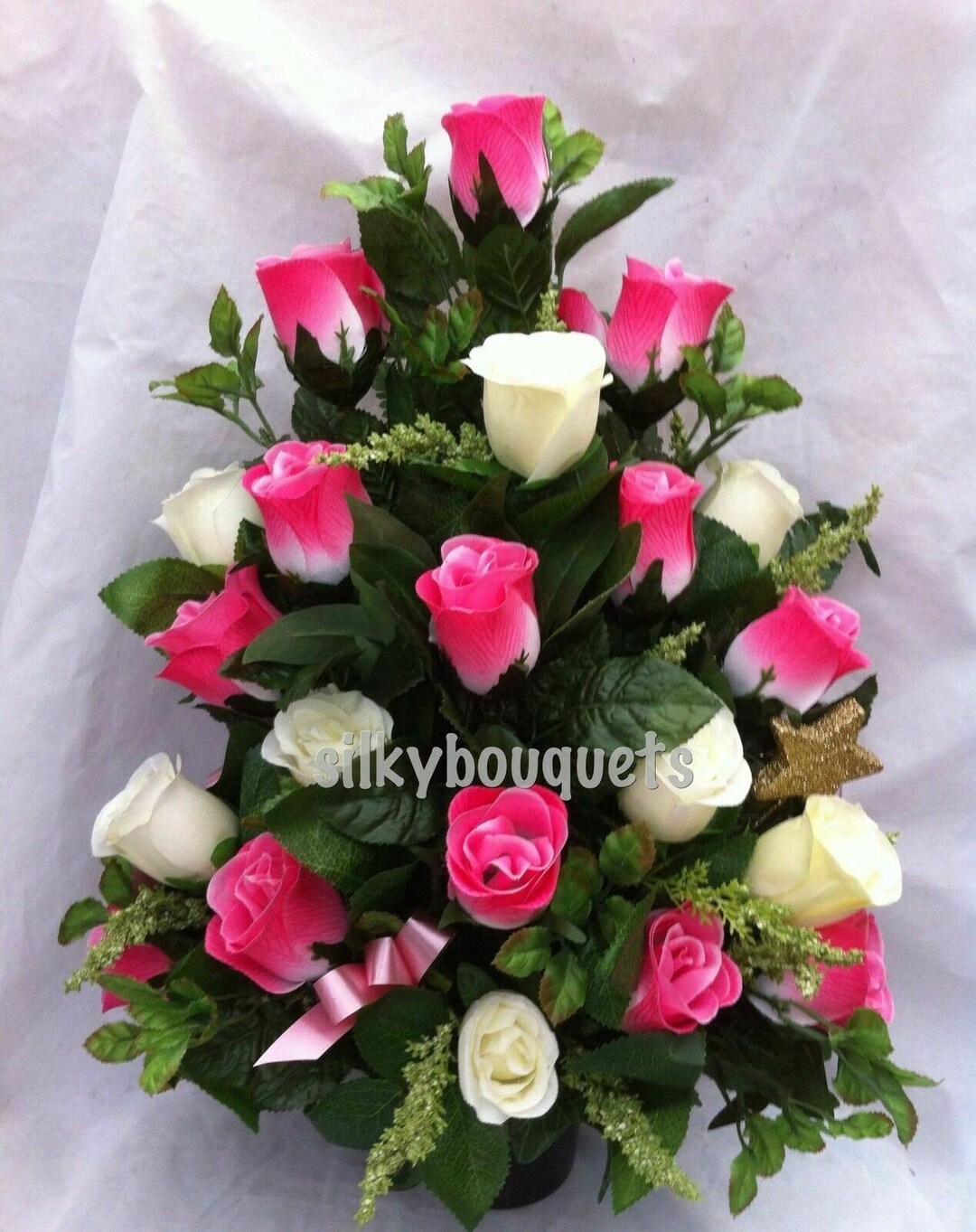Artificial Silk Flower Grave Pot Arrangement Memorial Tribute Pink