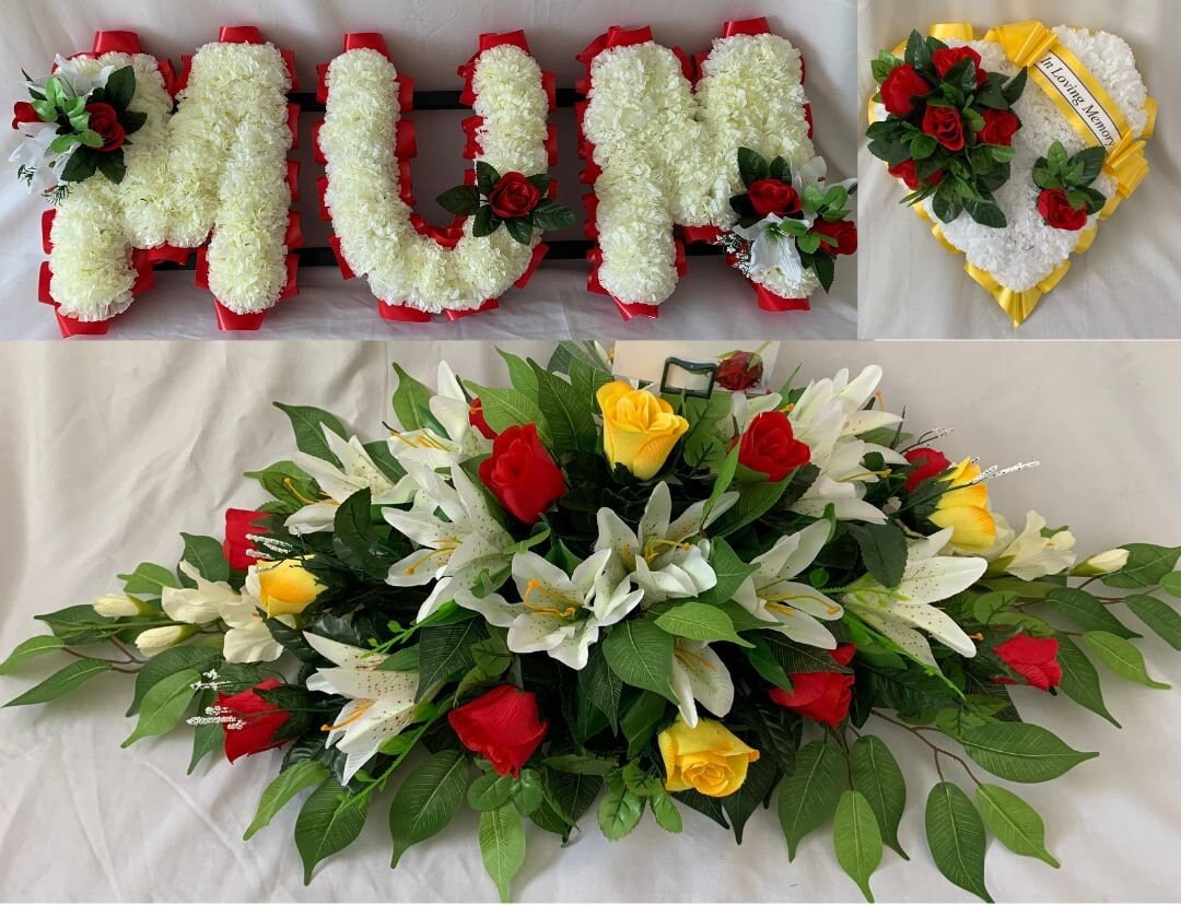 Artificial Silk Funeral Flower Package Large Spray Heart Mum Tribute