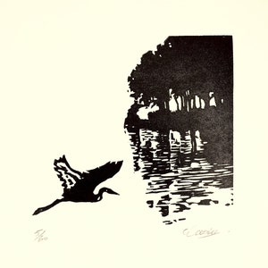 Above the Lake – Original handmade B&W linocut limited edition print. Printed, signed and numbered by the artist.