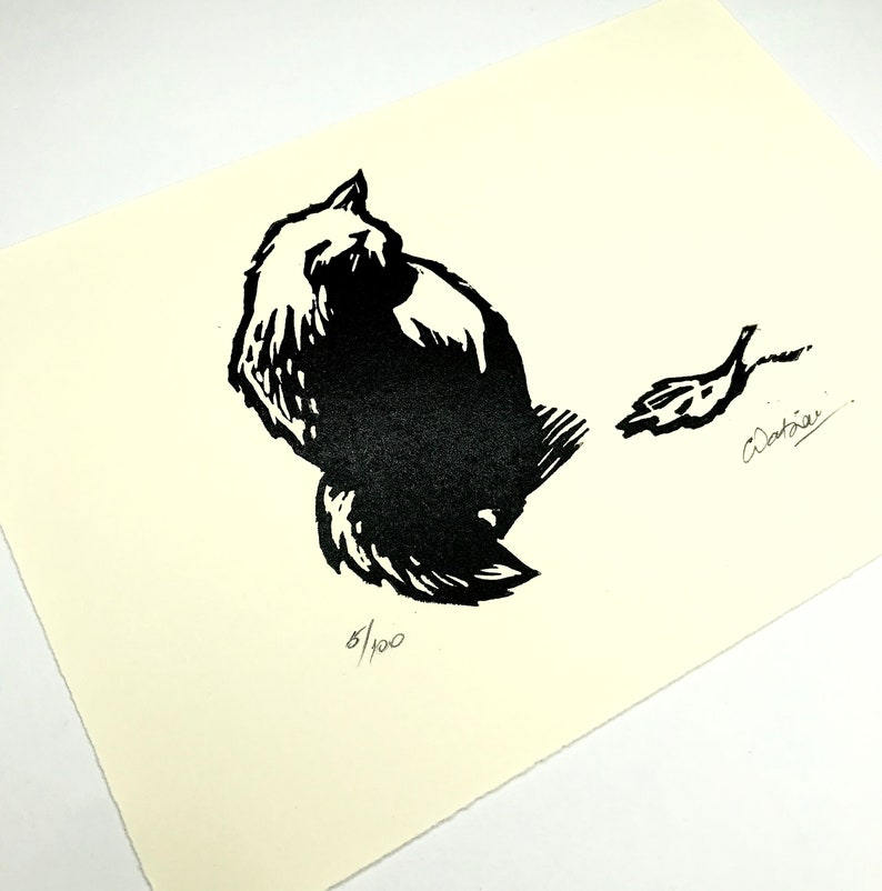 Kitten and Leaf cat print Original handmade B&W linocut limited edition print of a kitten. Printed, signed and numbered by the artist. image 3