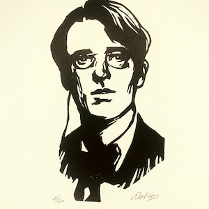 W.B. Yeats – Stampa originale in linoleografia B&W fatta a mano in edizione limitata del famoso poeta. Stampata, firmata e numerata dall'artista.
