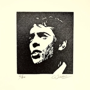 Jacques Brel print – Original handmade B&W linocut limited edition print of singer and actor. Printed, signed and numbered by the artist.