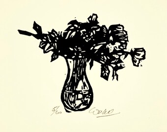 A Vase of Faded Roses – Original handmade B&W linocut limited edition print. Printed, signed and numbered by the artist.