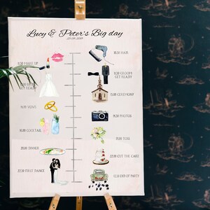Puede incluir: Un cartel de cronología de boda con ilustraciones de acuarela. El cartel enumera los eventos del día de la boda, incluyendo la preparación, la ceremonia, la hora del cóctel, la cena, el primer baile y el final de la fiesta. El cartel está sobre un fondo rosa claro con un borde blanco.