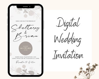 May include: A digital wedding invitation with a floral design. The invitation is for Shelterny and Brian, and it is set for Saturday, October 31, 2021 at 5 PM. The invitation includes the location: Earth Hall Plantation, 1255 Long Point Rd Mt Pleasant, SC 24980. The text "Reception to follow" is also included.