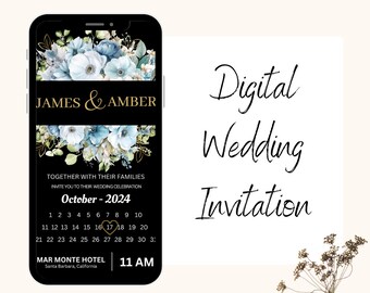 May include: A digital wedding invitation with a black background and gold accents. The invitation features a floral design with blue and white flowers. The text on the invitation reads "James & Amber" and "October - 2024". The invitation also includes a calendar with the date of the wedding circled. The invitation is for a wedding at the Mar Monte Hotel in Santa Barbara, California at 11 AM.