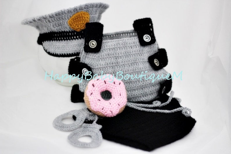 Photo prop Baby police outfit Military uniform crochet baby police uniform donut Policeman hat and diaper cover with handcuffs