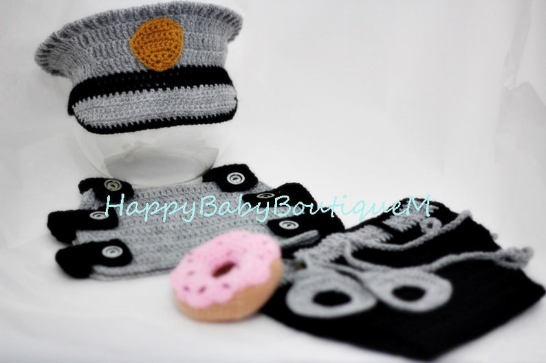 Photo prop Baby police outfit Military uniform crochet baby police uniform donut Policeman hat and diaper cover with handcuffs