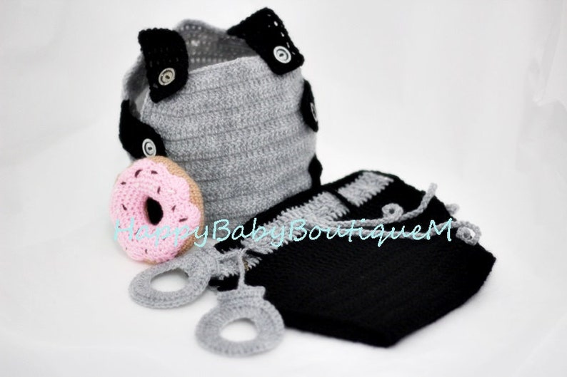 Photo prop Baby police outfit Military uniform crochet baby police uniform donut Policeman hat and diaper cover with handcuffs