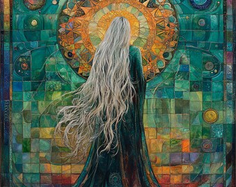 Sovereign Threshold Fine Art Print: Blaugrün Gold Mandala Frau Mixed Media Giclée Leinwand Wrap