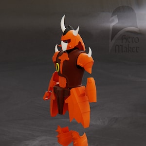 May include: An orange and brown samurai armor set, featuring a horned helmet and segmented body armor. The armor is designed with sharp angles and a detailed aesthetic, suggesting a focus on craftsmanship and design. The Hero Maker logo is visible in the background.