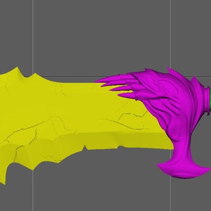 May include: A yellow and green fantasy sword with a purple hand-like hilt. The blade is jagged and has a textured surface.