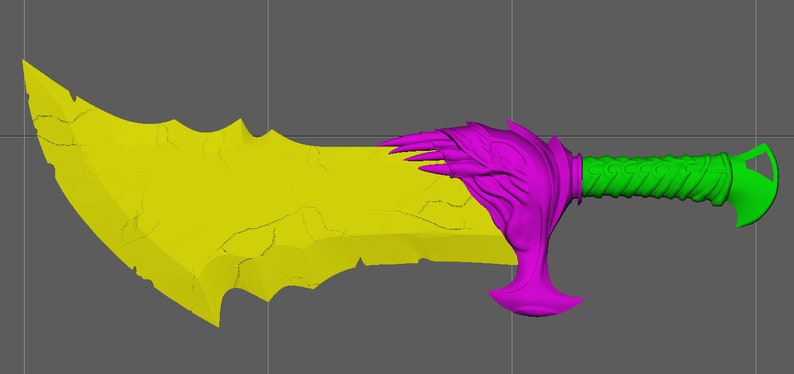 May include: A yellow and green fantasy sword with a purple hand-like hilt. The blade is jagged and has a textured surface.