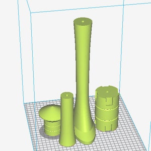 May include: Four lime green 3D-printed objects of varying shapes. One is a rounded top with a cylindrical base, another is a tall, slender cone, and a third is a vase-like shape. The last is a cylindrical shape with cutouts.