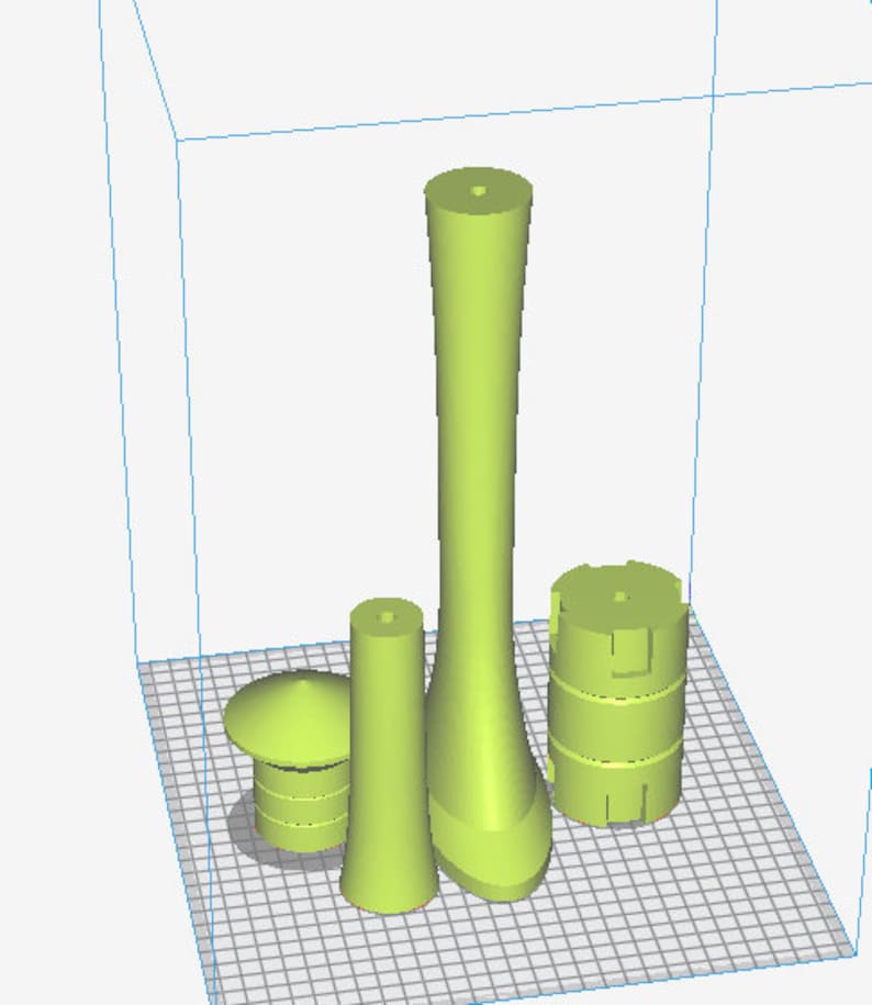 May include: Four lime green 3D-printed objects of varying shapes. One is a rounded top with a cylindrical base, another is a tall, slender cone, and a third is a vase-like shape. The last is a cylindrical shape with cutouts.