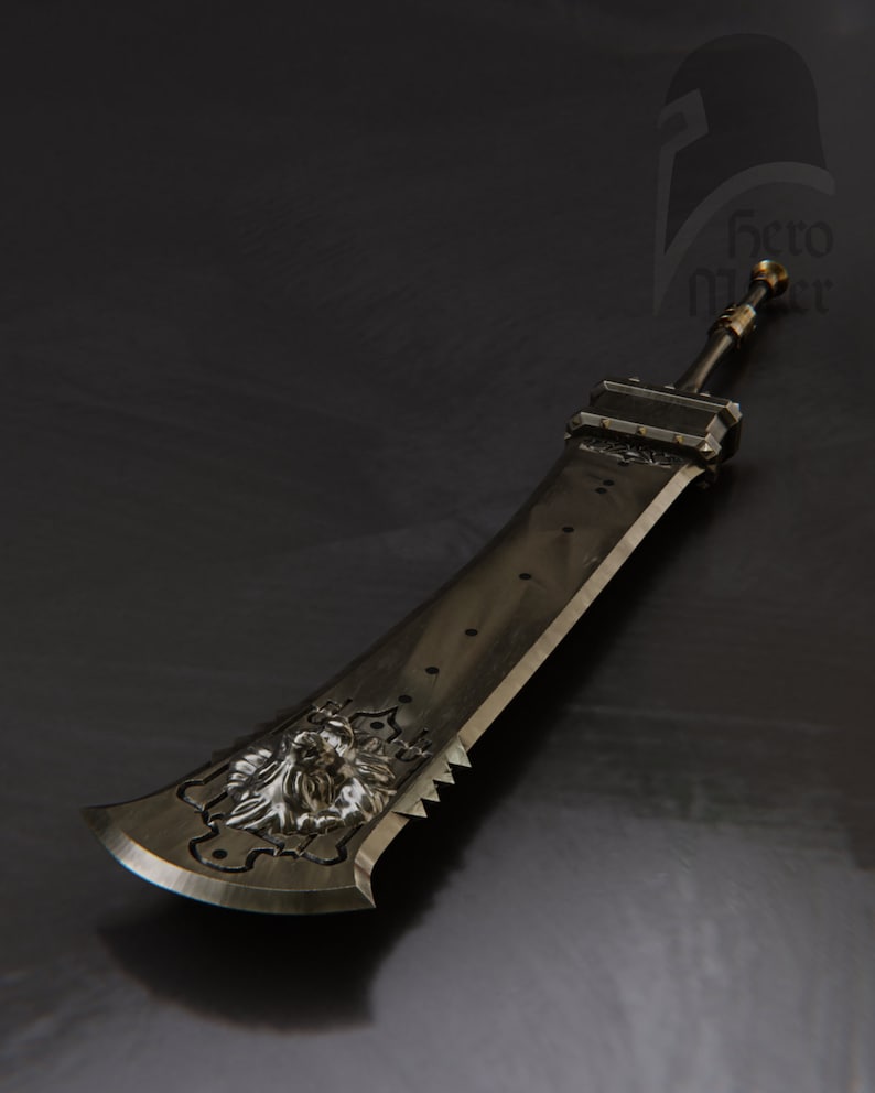 May include: A large, silver-colored fantasy sword with a detailed lion's head design on the blade. The sword has a wide, curved blade with a serrated edge and a dark handle. The overall design suggests a weapon from a fantasy game or movie.