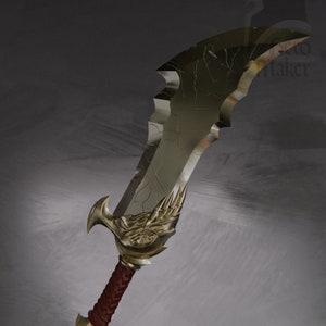 May include: A gold and silver sword with a detailed design on the hilt and a textured blade. The sword has a brown leather wrap on the handle.