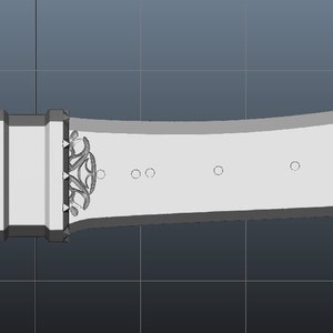 May include: A detailed, silver-colored sword with an ornate design. The blade has a wide, curved shape with a decorative lion's head near the tip. The handle is cylindrical with a flared base and a rounded pommel.