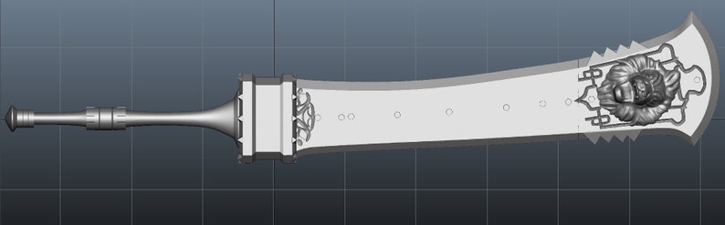 May include: A detailed, silver-colored sword with an ornate design. The blade has a wide, curved shape with a decorative lion's head near the tip. The handle is cylindrical with a flared base and a rounded pommel.