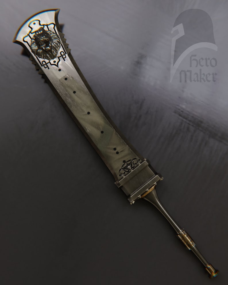 May include: A large, ornate sword with a wide, rectangular blade. The blade features a lion's head design and decorative etchings. The handle is long and slender, with gold-colored accents. The sword has a dark, metallic finish.
