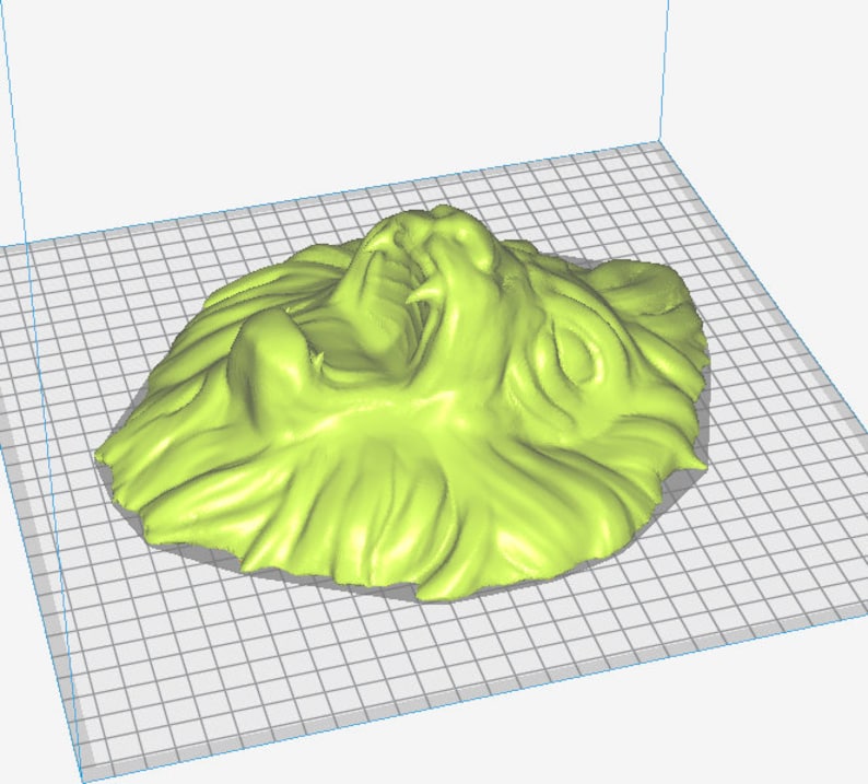 May include: A 3D-rendered, light green lion's head with an open mouth, showcasing detailed fur and facial features. The sculpture is set against a grid background, highlighting its form and texture. The lion's head is a decorative item.