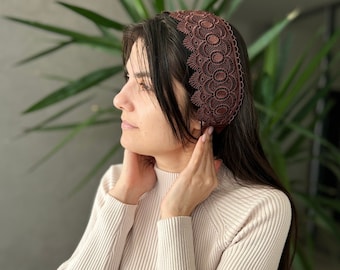 Diadema de encaje de iglesia marrón atada con cintas que cubren la cabeza velos ortodoxos velo católico Iglesia o velo de capilla bufanda de mantilla