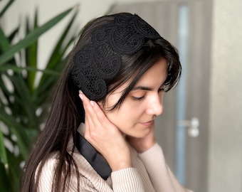 Diadema de encaje negro para iglesia, velo ortodoxo, velo católico, velo de iglesia o capilla, mantilla, bufanda