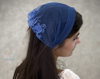 Gris Estiramiento tul Diadema Kerchief Iglesia headwrap Capilla bordada pequeña mantilla