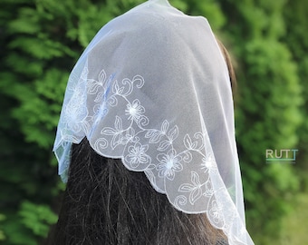 White long embroidered Church head covering Scarf  Orthodox veil Catholic veil Chapel mantilla with gorgous embroidery
