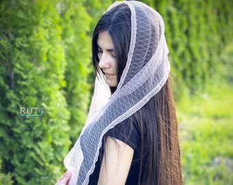 Blush rhombus tulle Church Scarf  lace mantilla Headwrap for mass Church head covering Catholic veil