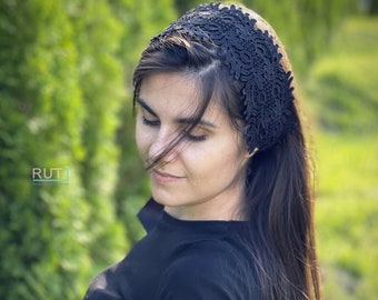 Schwarzes Makramee Spitzen Stirnband Kirchen kopfbedeckung orthodoxe Kirche oder Kapelle Kopftuch für verschleierte Frauen und Mädchen