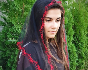 Catholic Spanish Black mantilla with red embroidery Church or Chapel veil Embroidered Head covering for mass